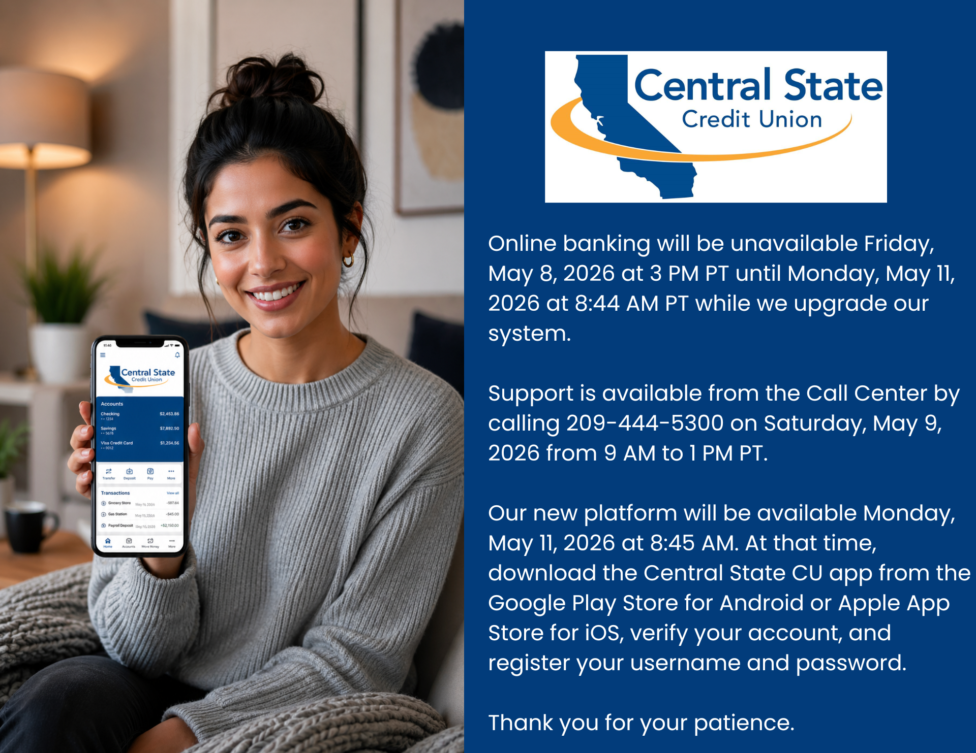 Online banking will be down from May 8 at 3pm until May 11 at 8pm