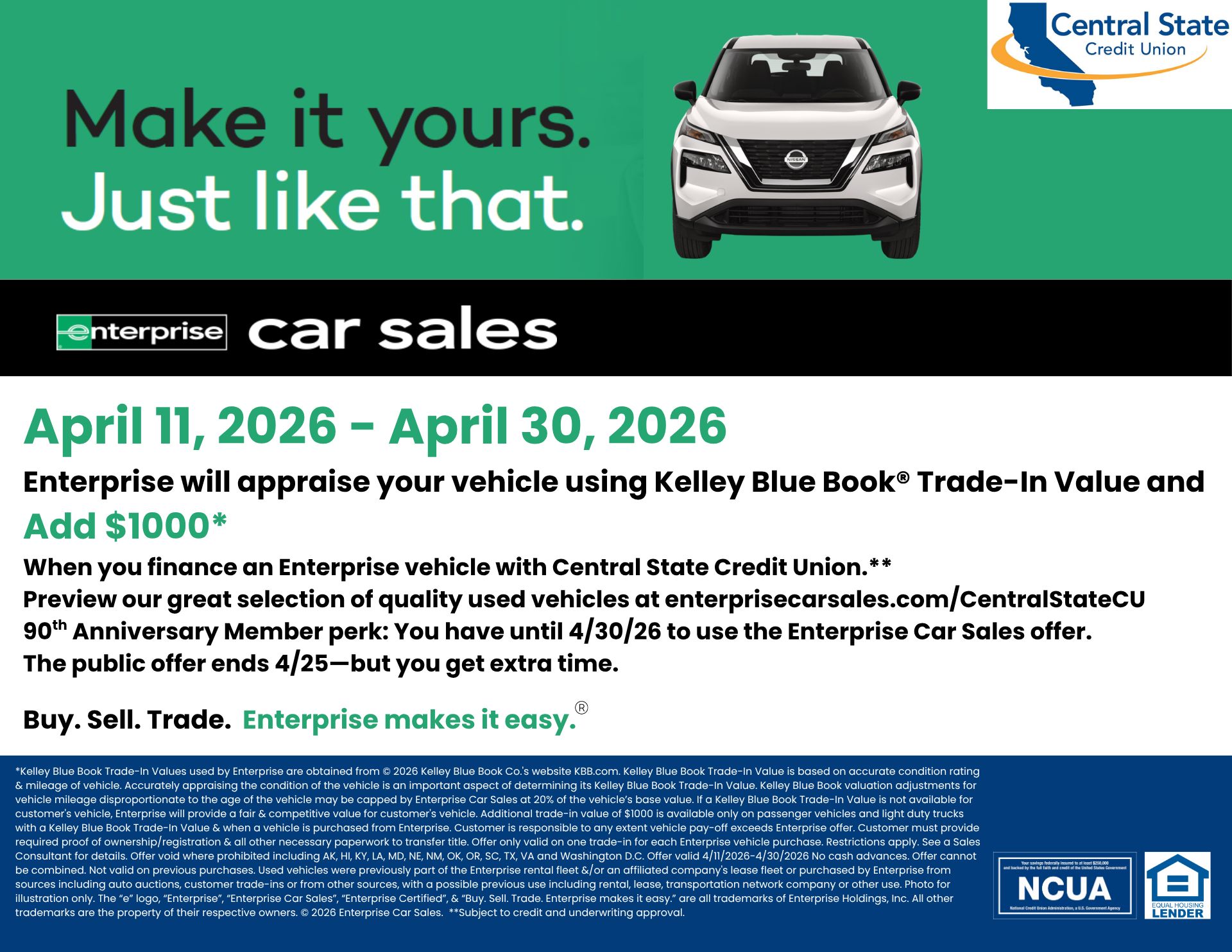 Enterprise Car Sales promotion offering $1,000 bonus trade-in value for Central State Credit Union members, valid April 11–30, 2026.